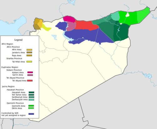 Nova divisão administrativa de Rojava, áreas ainda não declaradas em azul